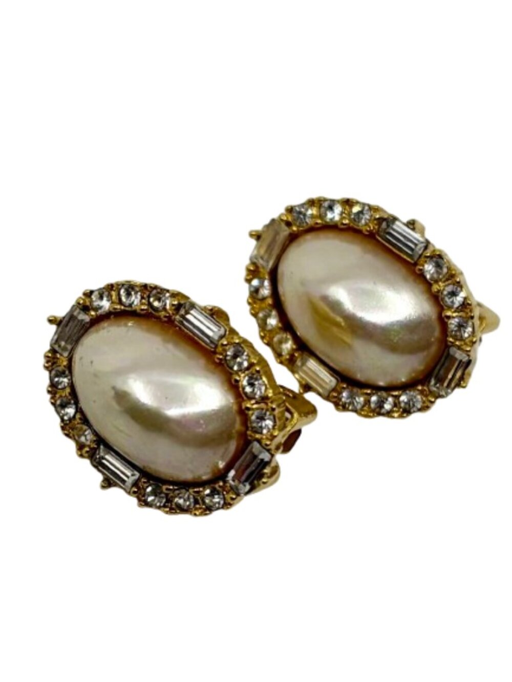 Vintage Christian Dior 1980s Oval Faux Pearl & Crystal Halo Clip-On Earrings